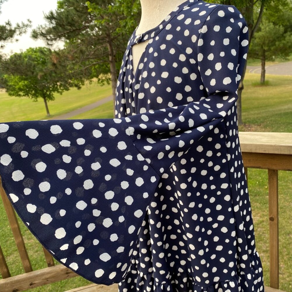 Navy Blue Polka Dots Mini Dress Tunic Top Women Size M  Bell Long Sleeve Cut Out - Picture 9 of 15